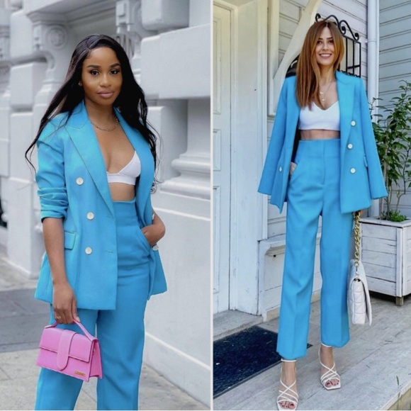 Zara teal blue suit // blazer & high waisted trousers - Picture 4 of 7